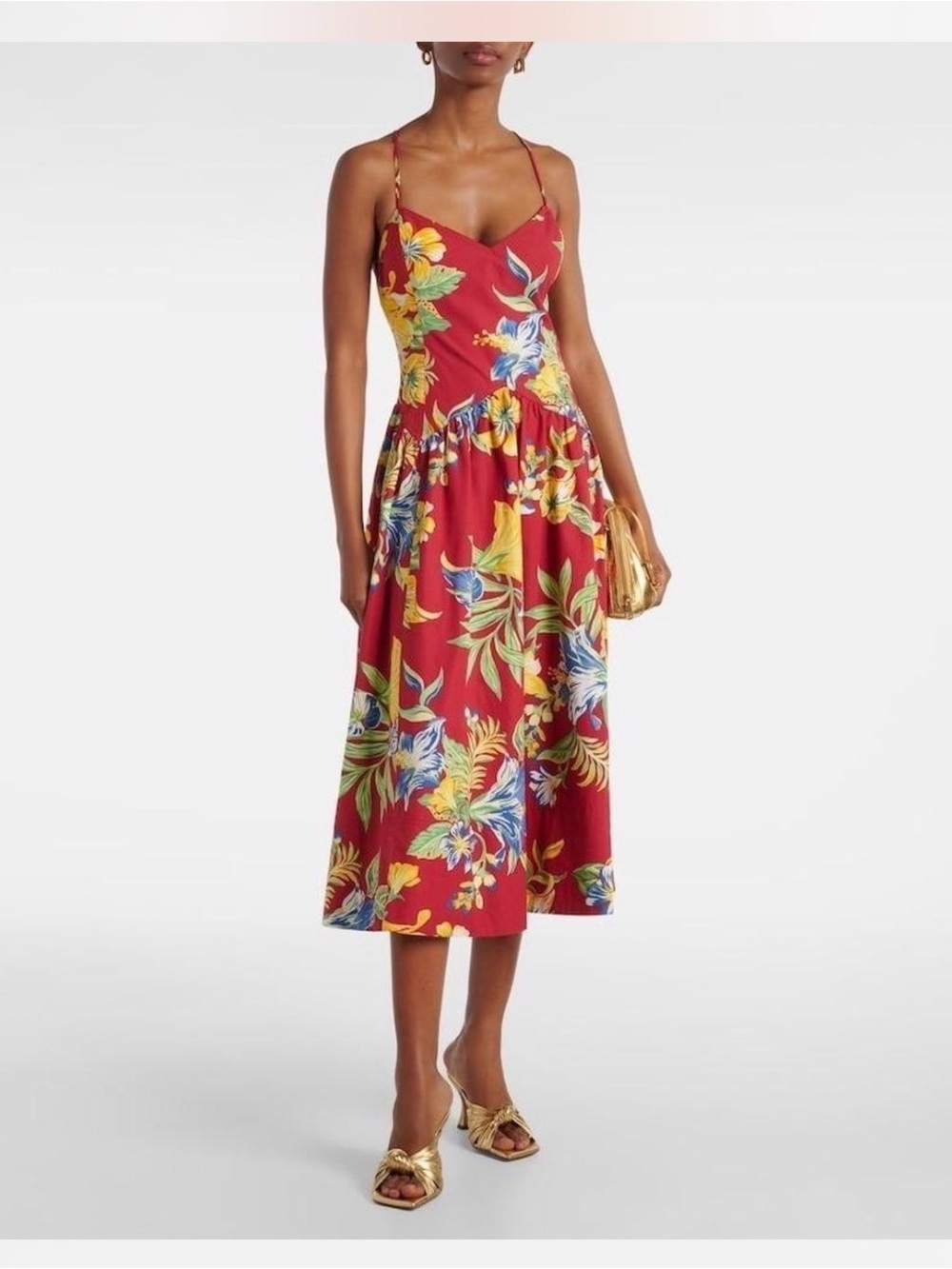 Polo Ralph Lauren Tropical Floral Red Midi Sundress with Spaghetti Straps